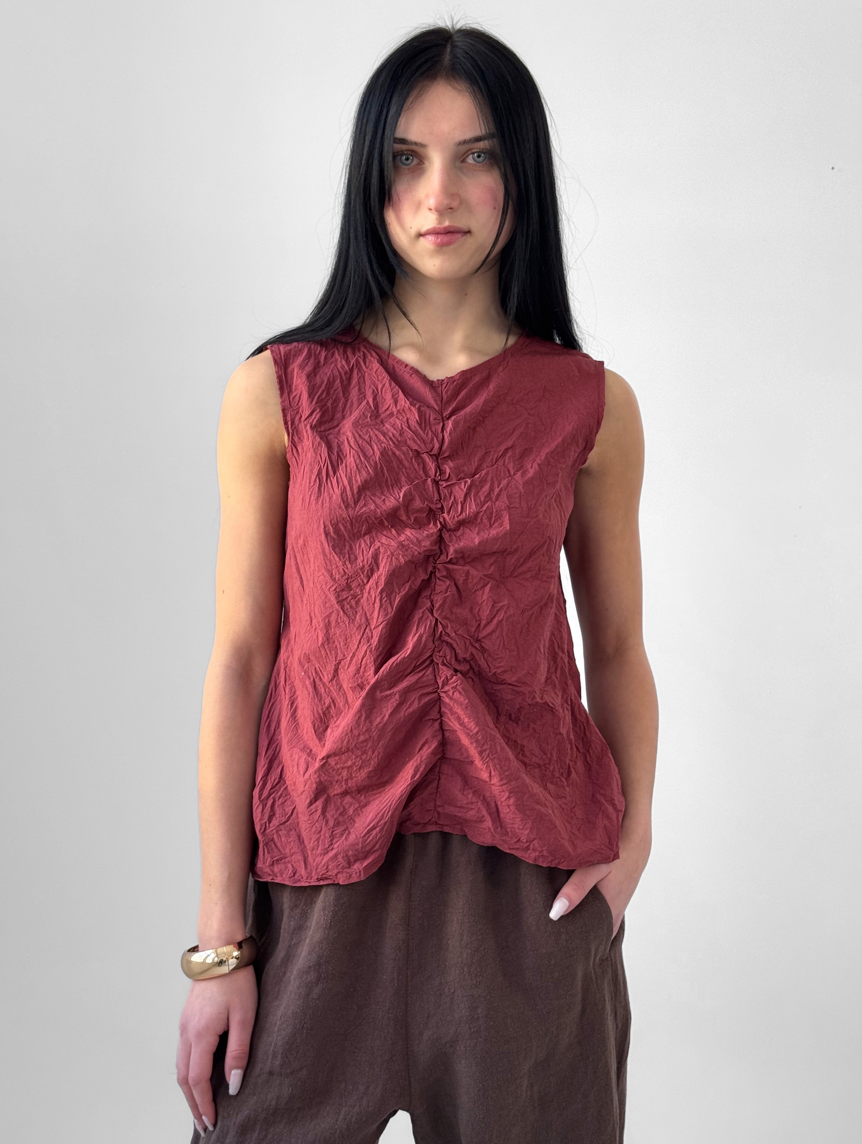 Briar crumpled paper cotton top with front ruching and sleeveless silhouette, textured minimalist blouse in warm earth tone, slow fashion style