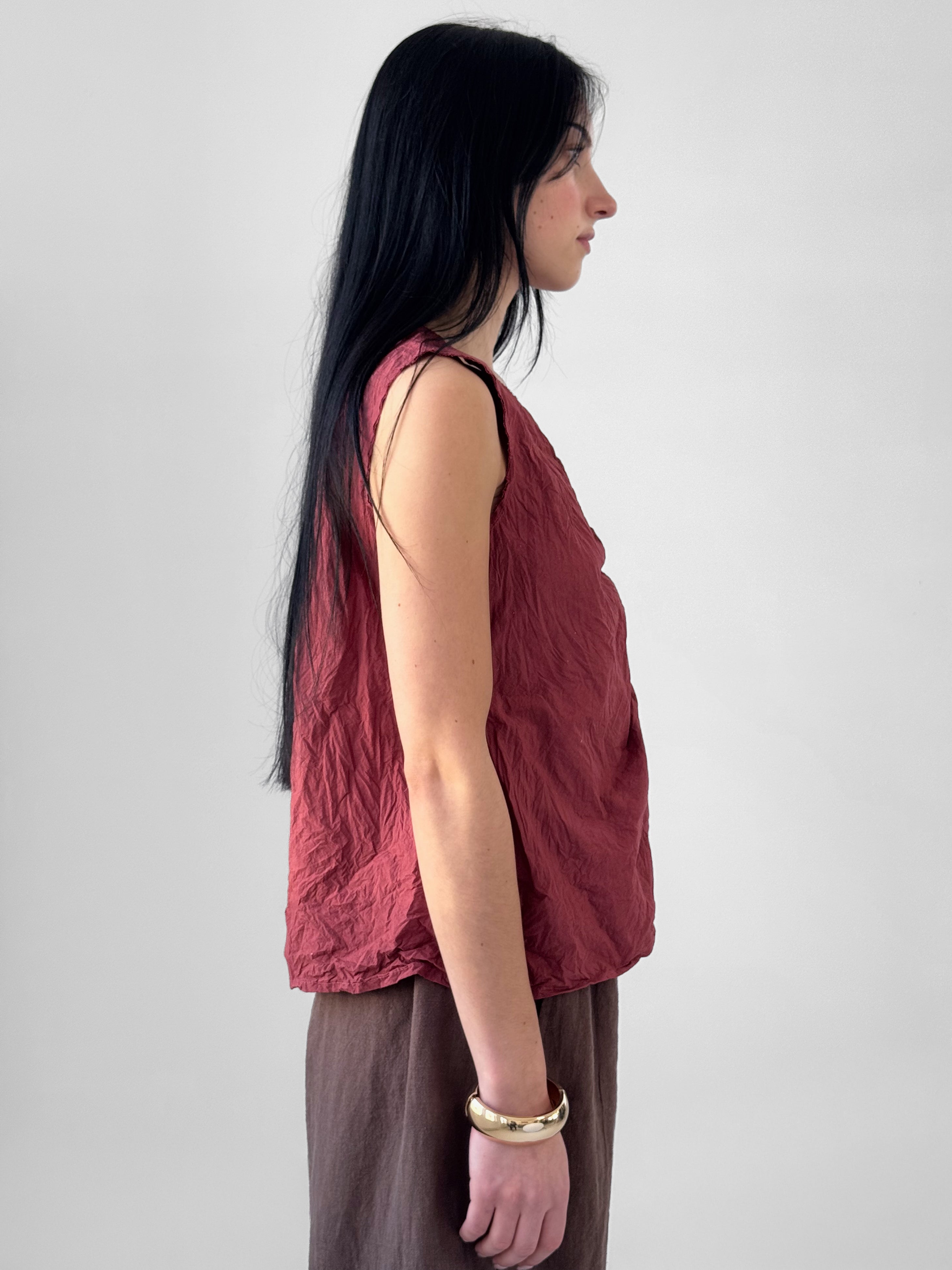 Briar crumpled paper cotton top with front ruching and sleeveless silhouette, textured minimalist blouse in warm earth tone, slow fashion style