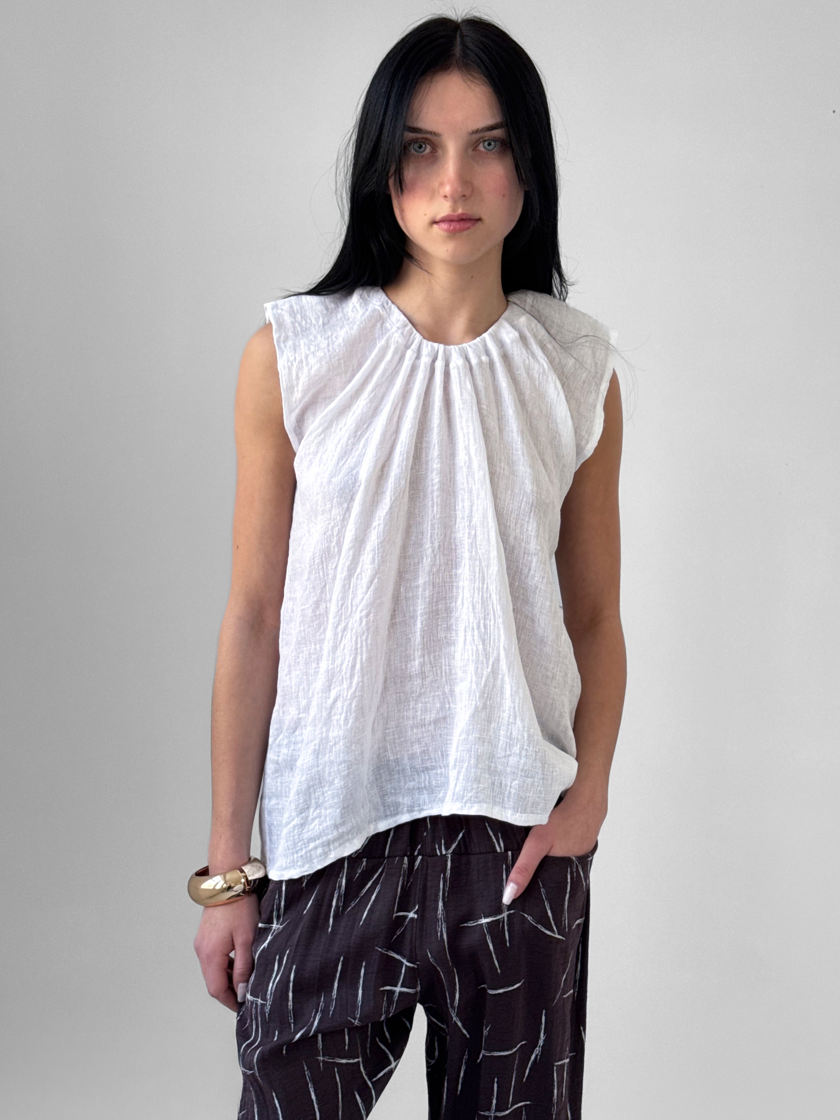 Brume linen gauze top with gathered drawstring neckline and capped sleeves, lightweight slightly sheer minimalist blouse in white, airy summer style