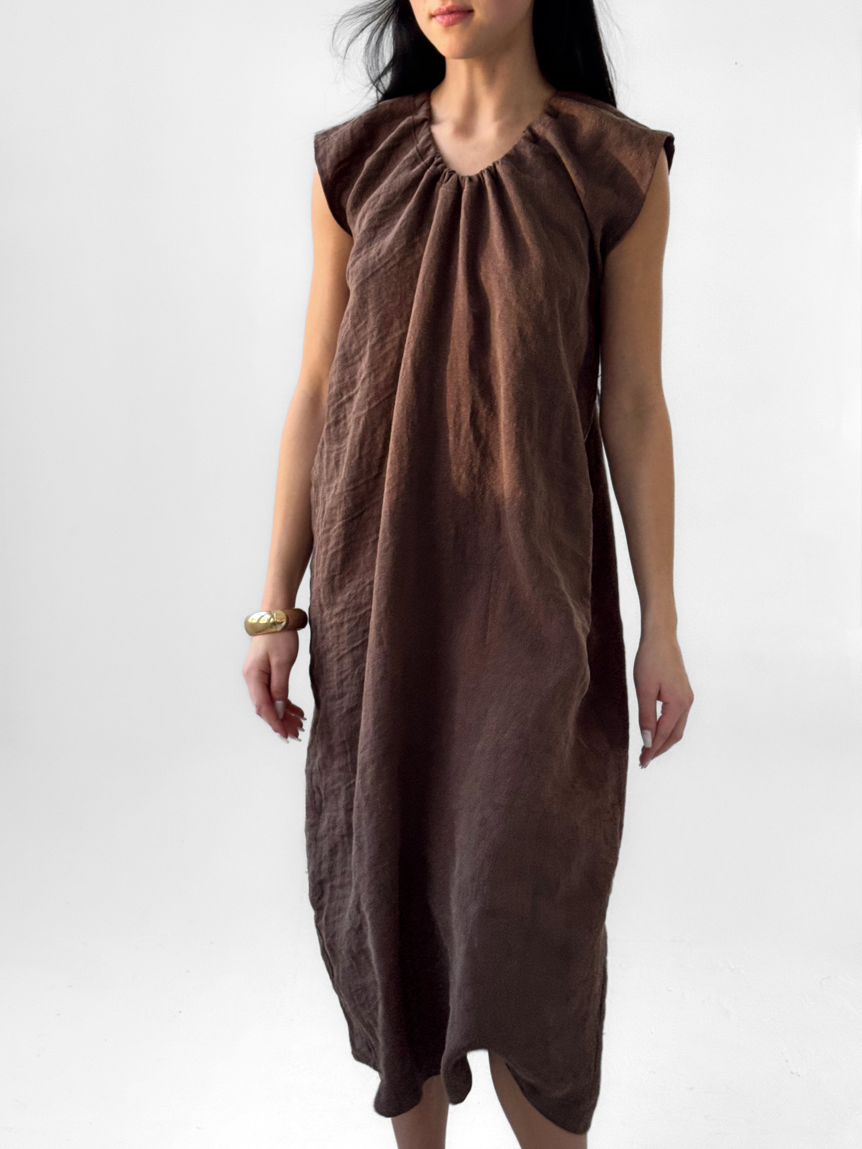 Linden antique wash linen dress with gathered drawstring neckline and relaxed midi silhouette, breathable minimalist dress in warm earth tone