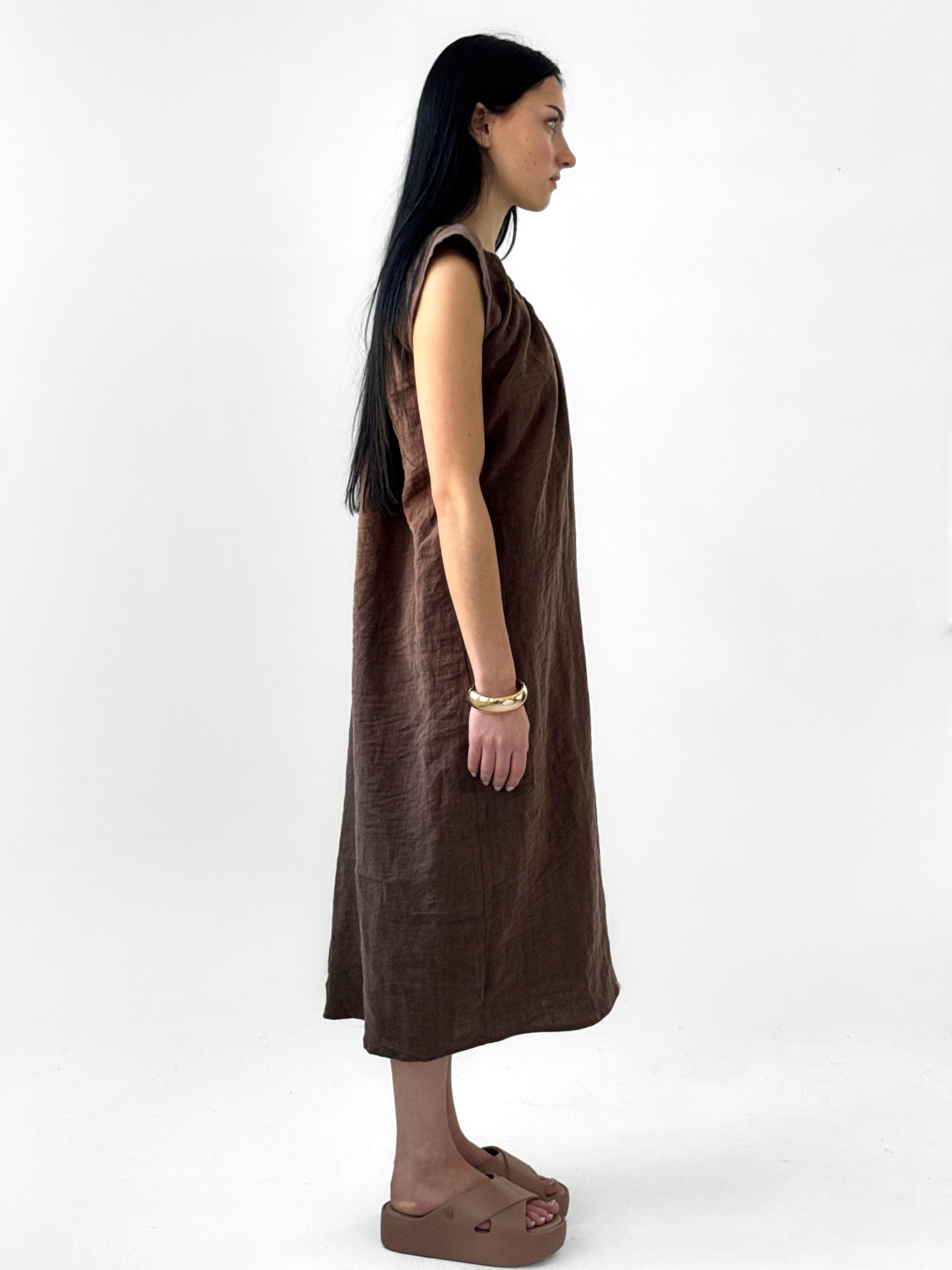Linden antique wash linen dress with gathered drawstring neckline and relaxed midi silhouette, breathable minimalist dress in warm earth tone
