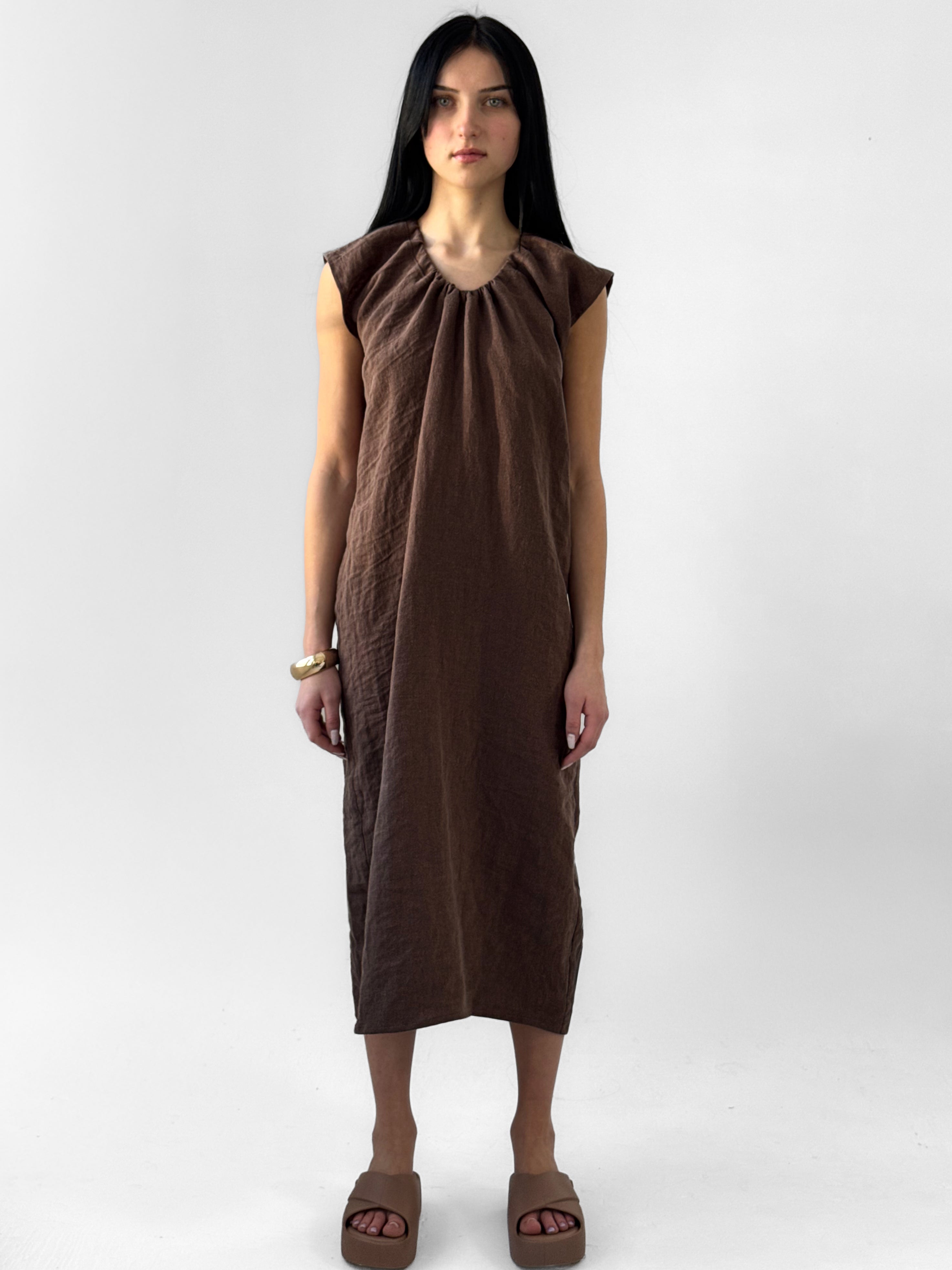 Linden antique wash linen dress with gathered drawstring neckline and relaxed midi silhouette, breathable minimalist dress in warm earth tone