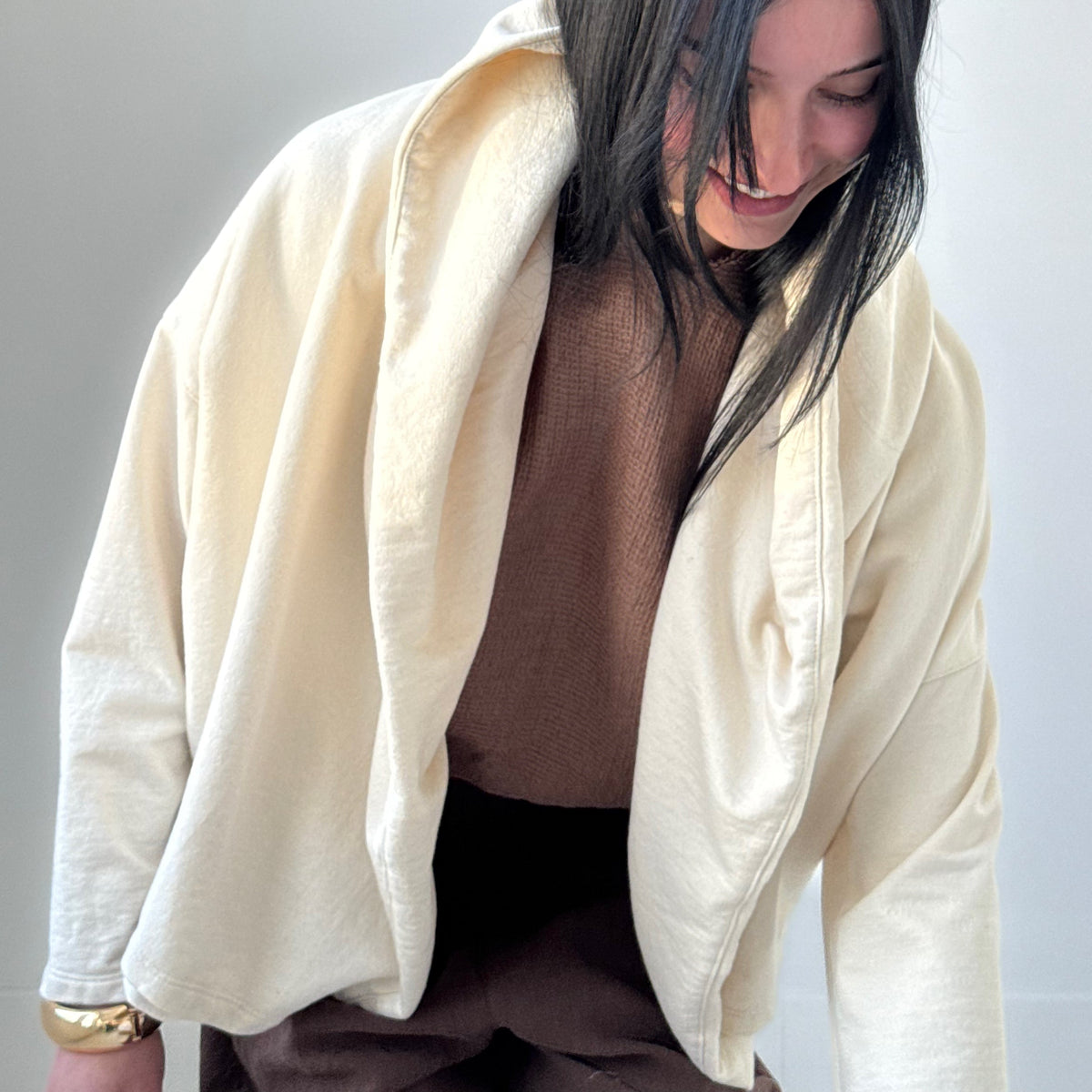 Rihana organic cotton fleece hoodie in bone with oversized hood and relaxed drape