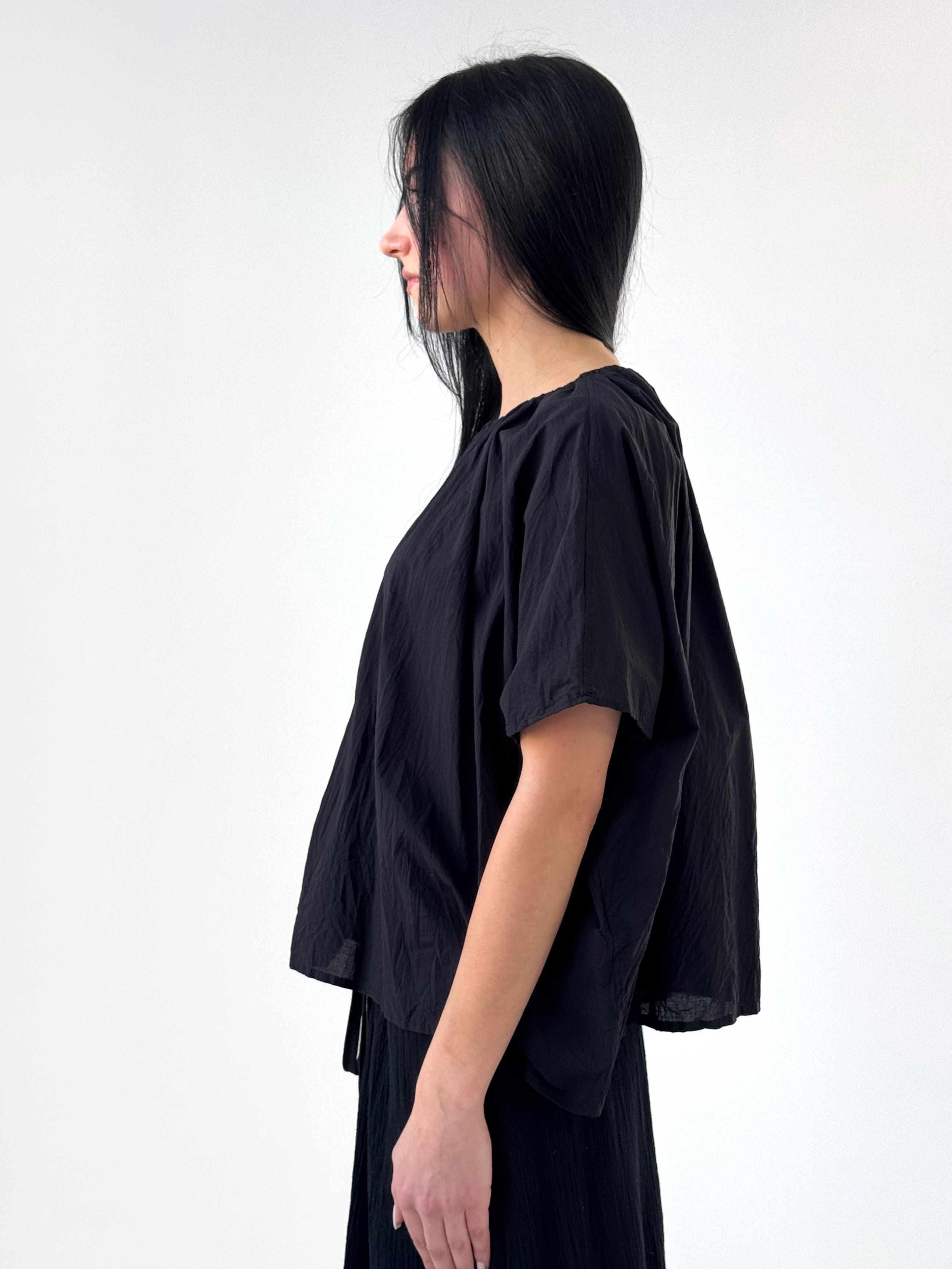 Savanah voluminous black cotton voile top with gathered elastic neckline and airy silhouette