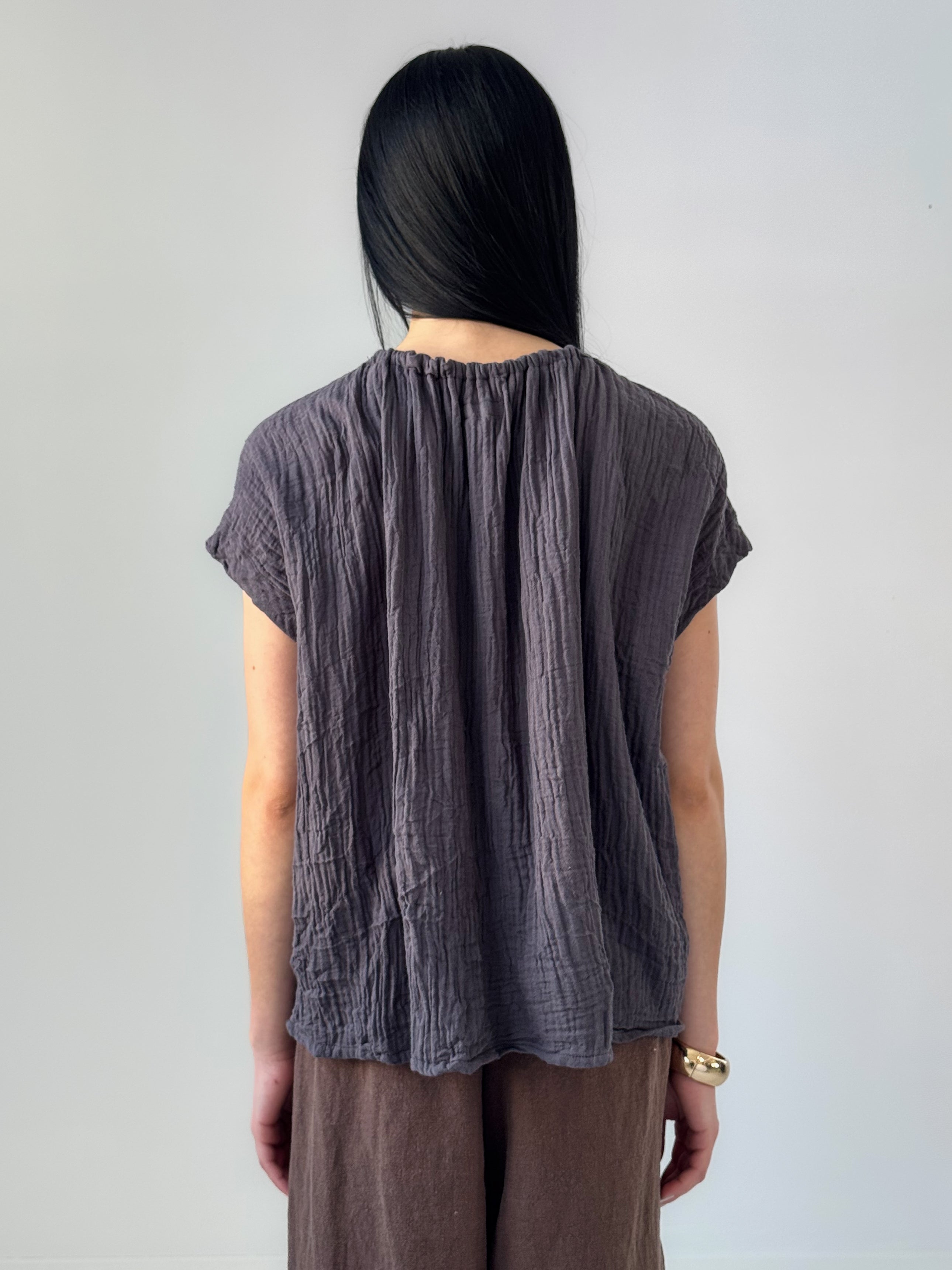 Tulsi organic cotton double gauze top with gathered neckline and relaxed silhouette, airy minimalist blouse in soft charcoal tone