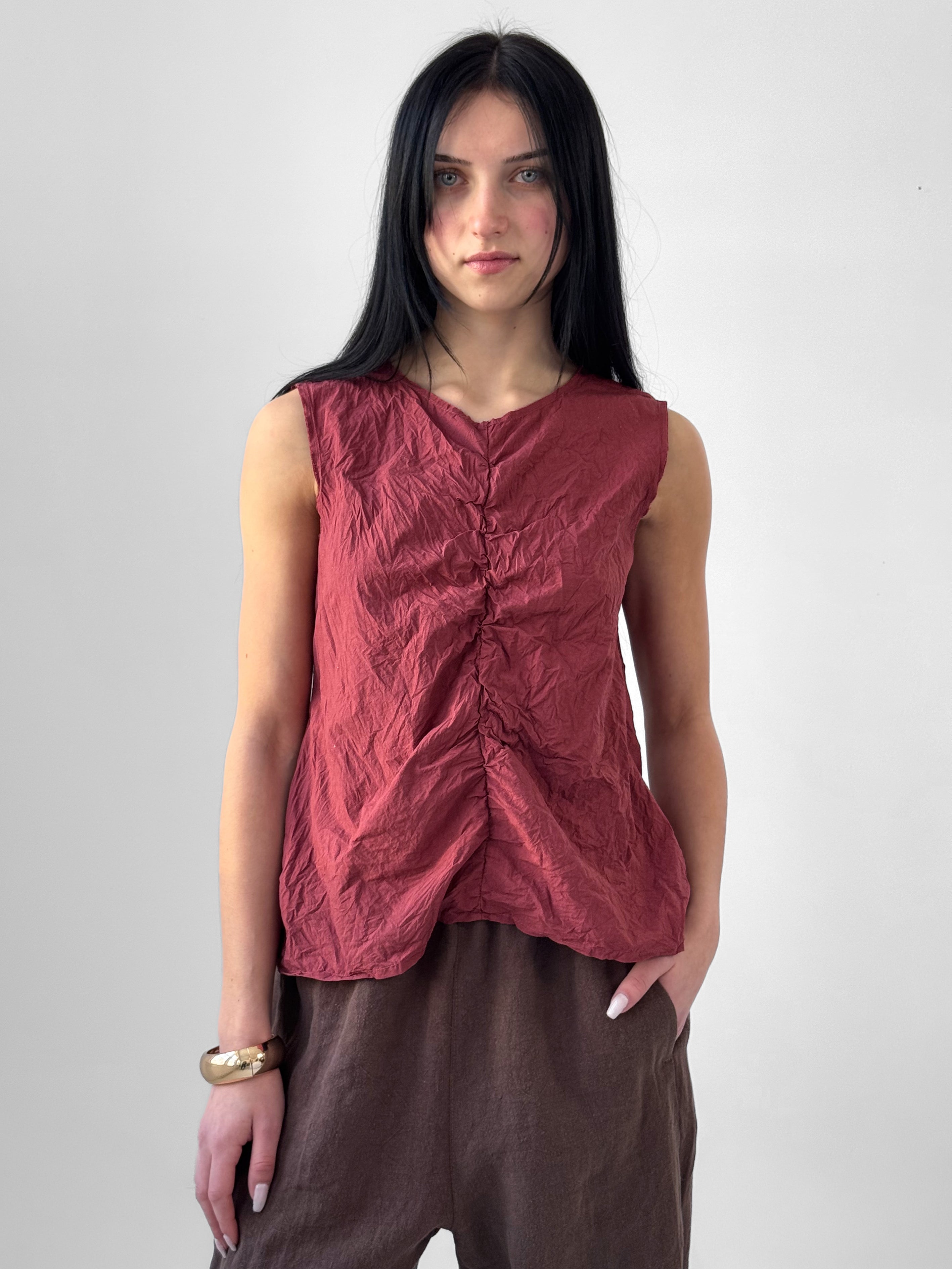 Briar crumpled paper cotton top with front ruching and sleeveless silhouette, textured minimalist blouse in warm earth tone, slow fashion style