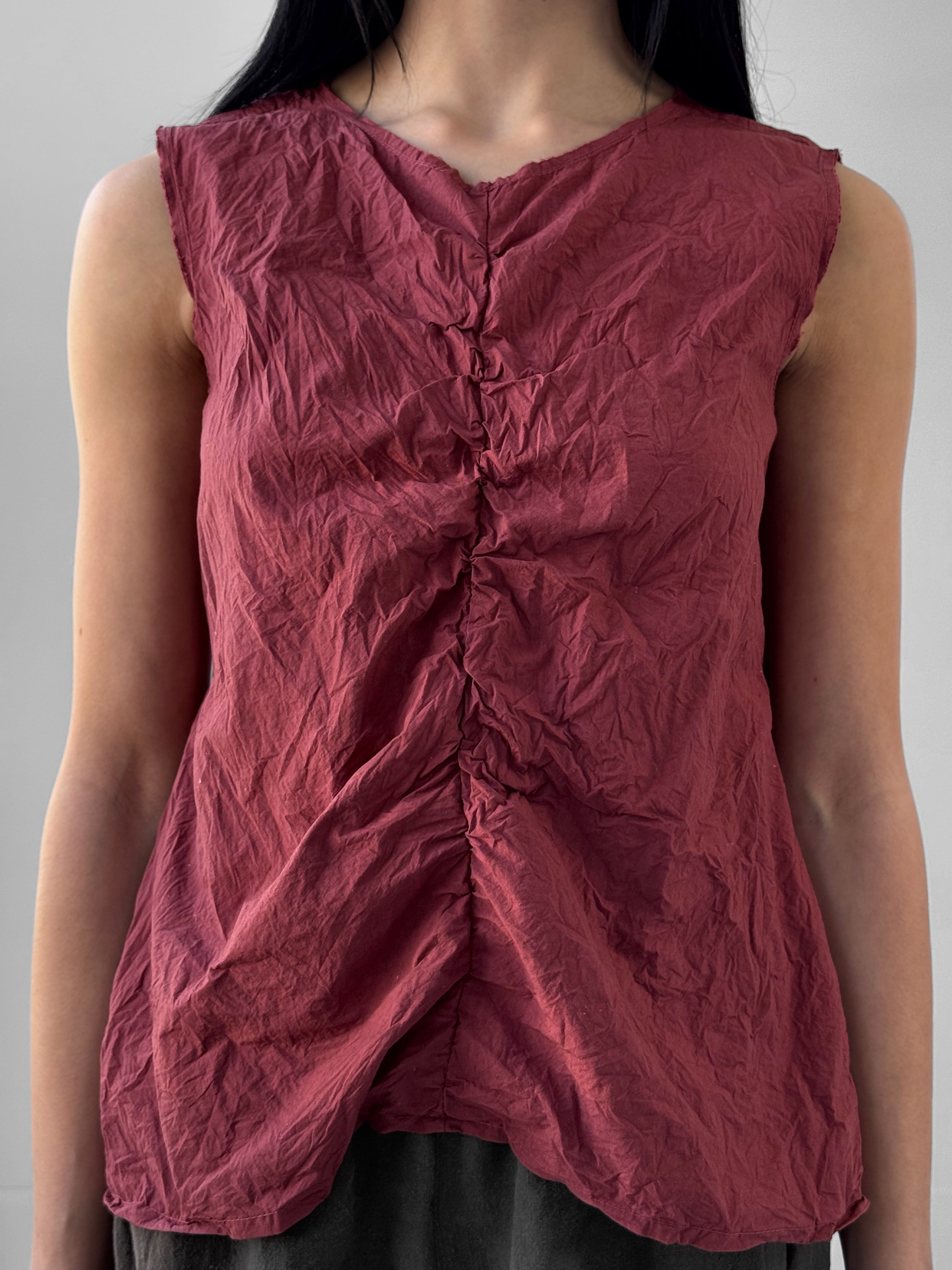 Briar crumpled paper cotton top with front ruching and sleeveless silhouette, textured minimalist blouse in warm earth tone, slow fashion style
