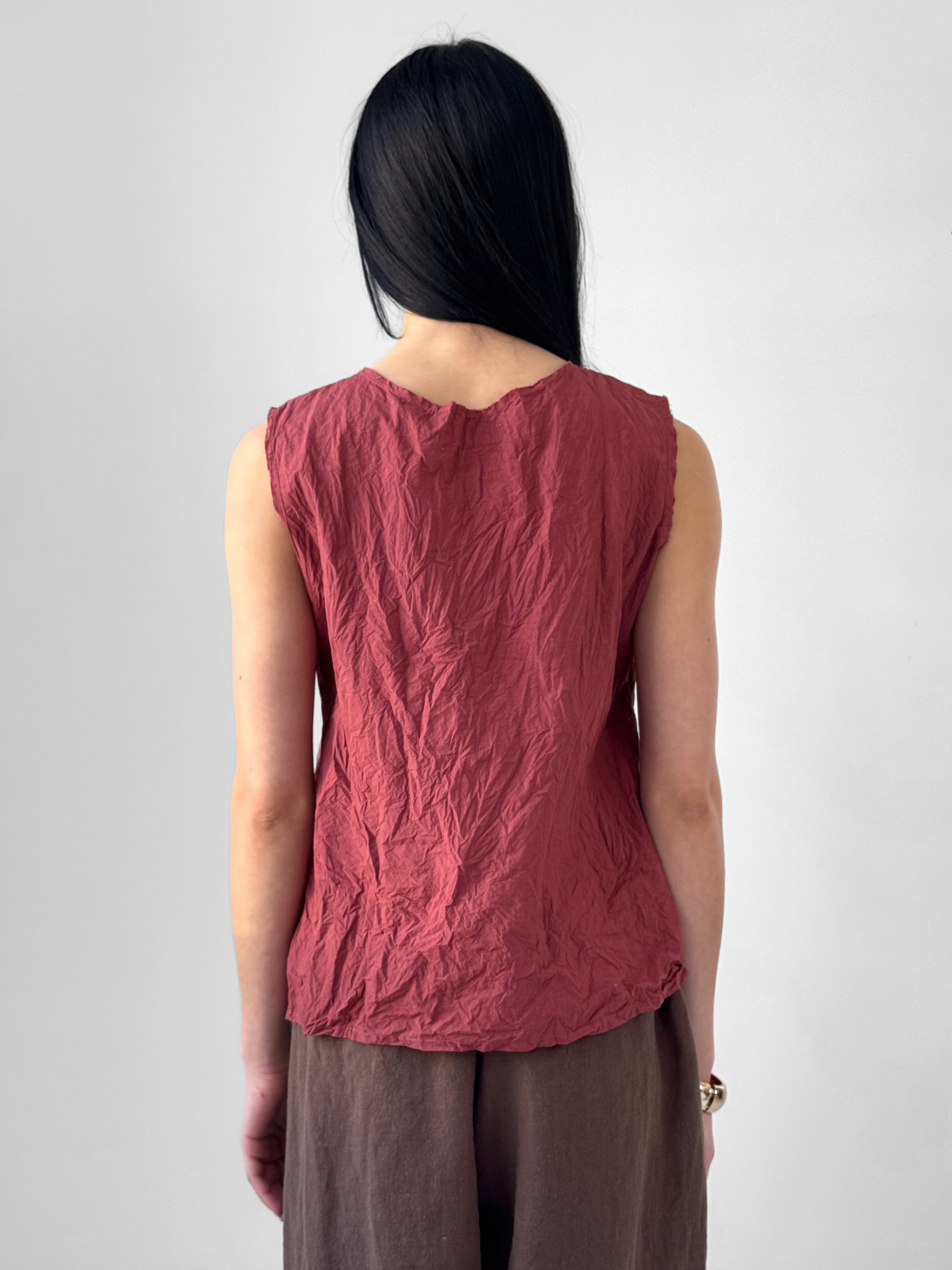 Briar crumpled paper cotton top with front ruching and sleeveless silhouette, textured minimalist blouse in warm earth tone, slow fashion style