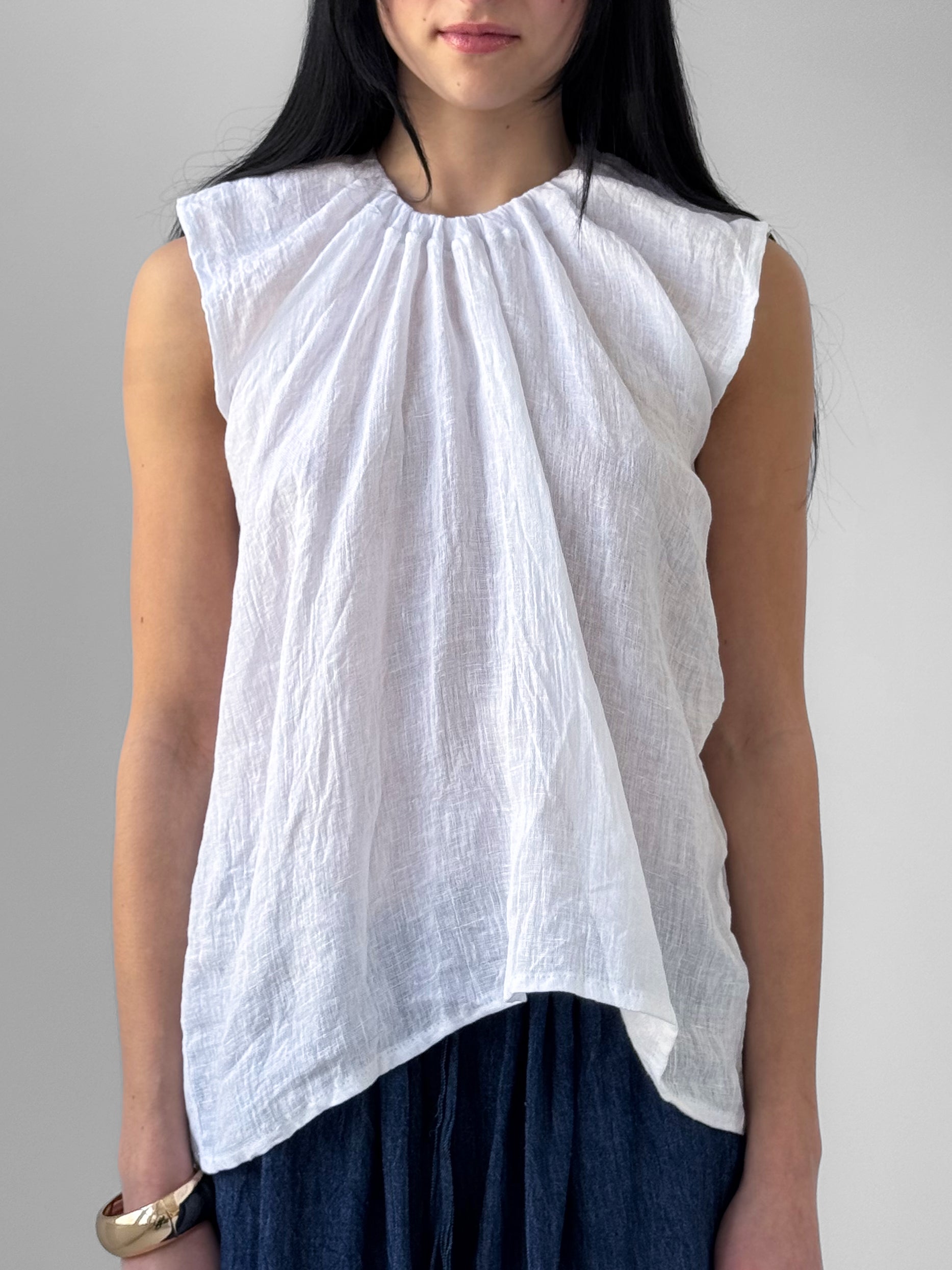Brume linen gauze top with gathered drawstring neckline and capped sleeves, lightweight slightly sheer minimalist blouse in white, airy summer style