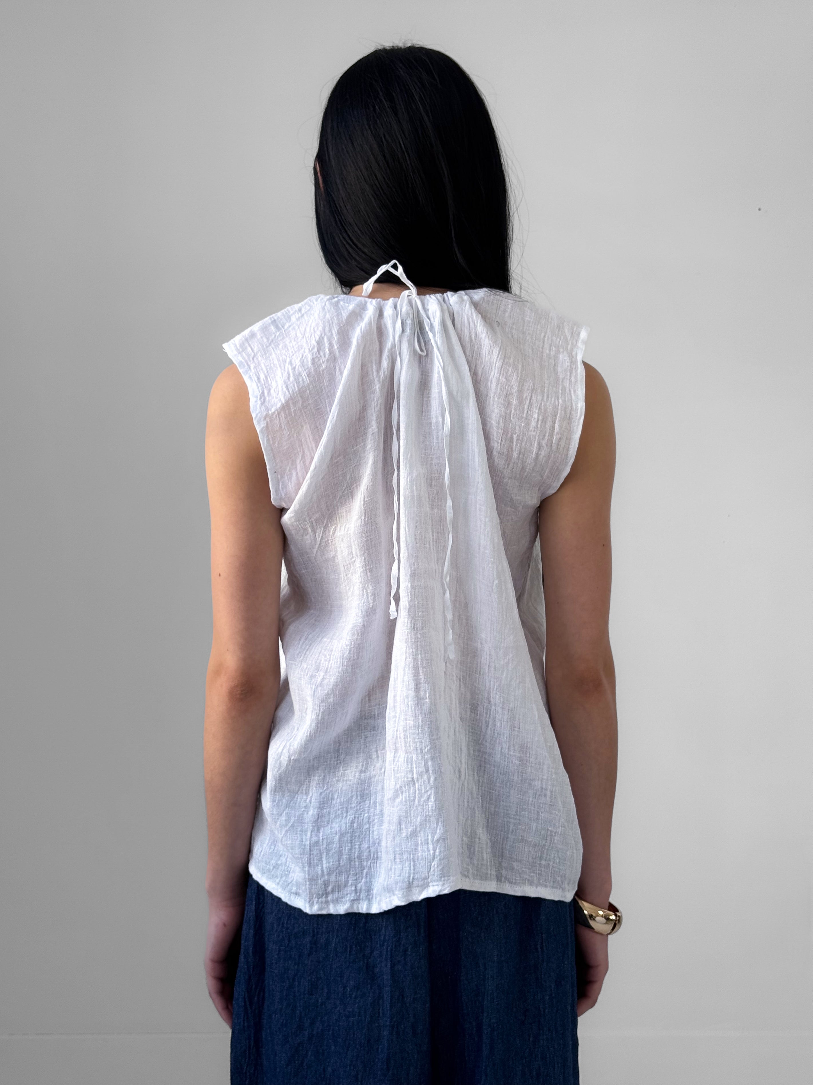 Brume linen gauze top with gathered drawstring neckline and capped sleeves, lightweight slightly sheer minimalist blouse in white, airy summer style