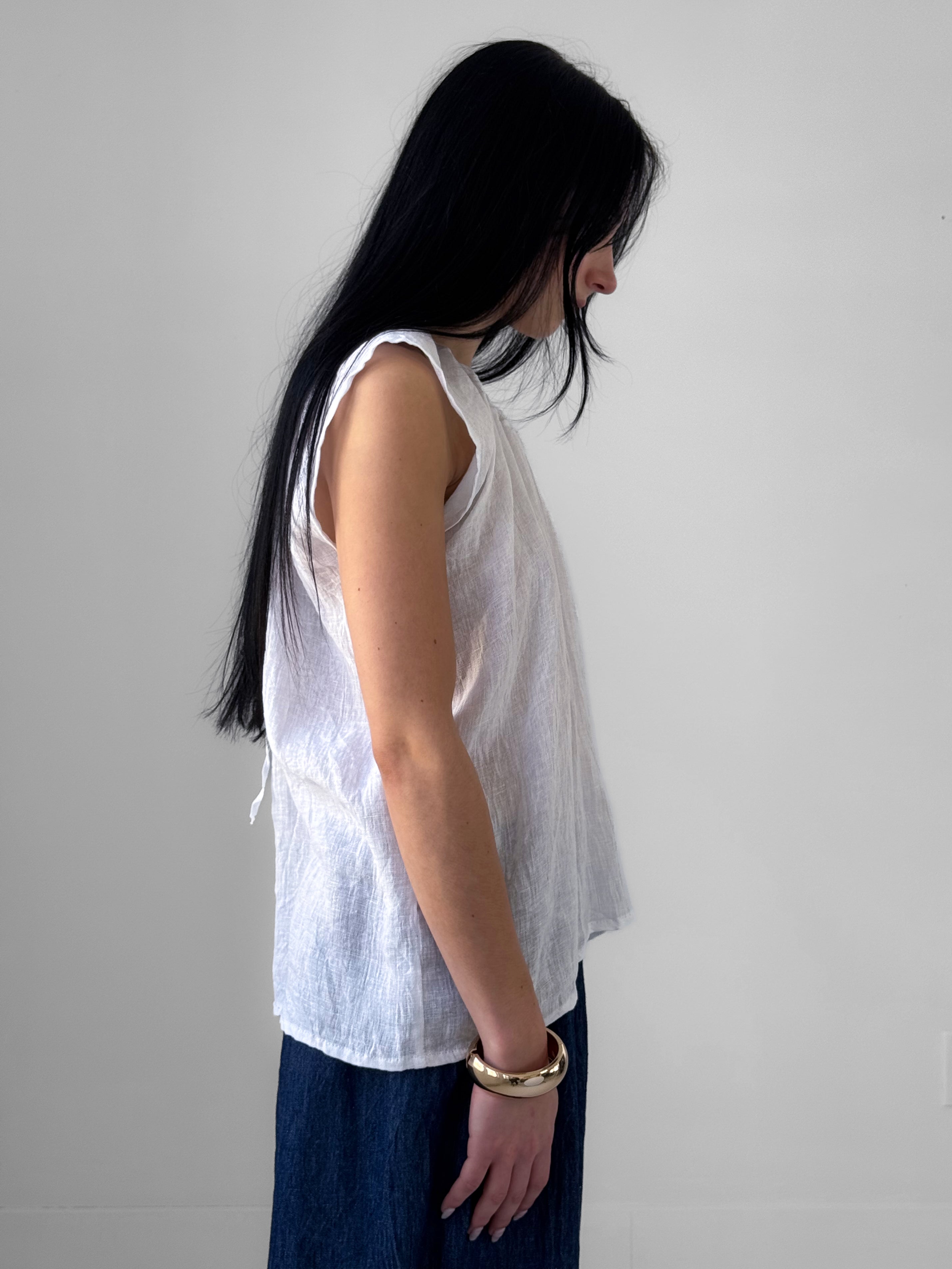 Brume linen gauze top with gathered drawstring neckline and capped sleeves, lightweight slightly sheer minimalist blouse in white, airy summer style
