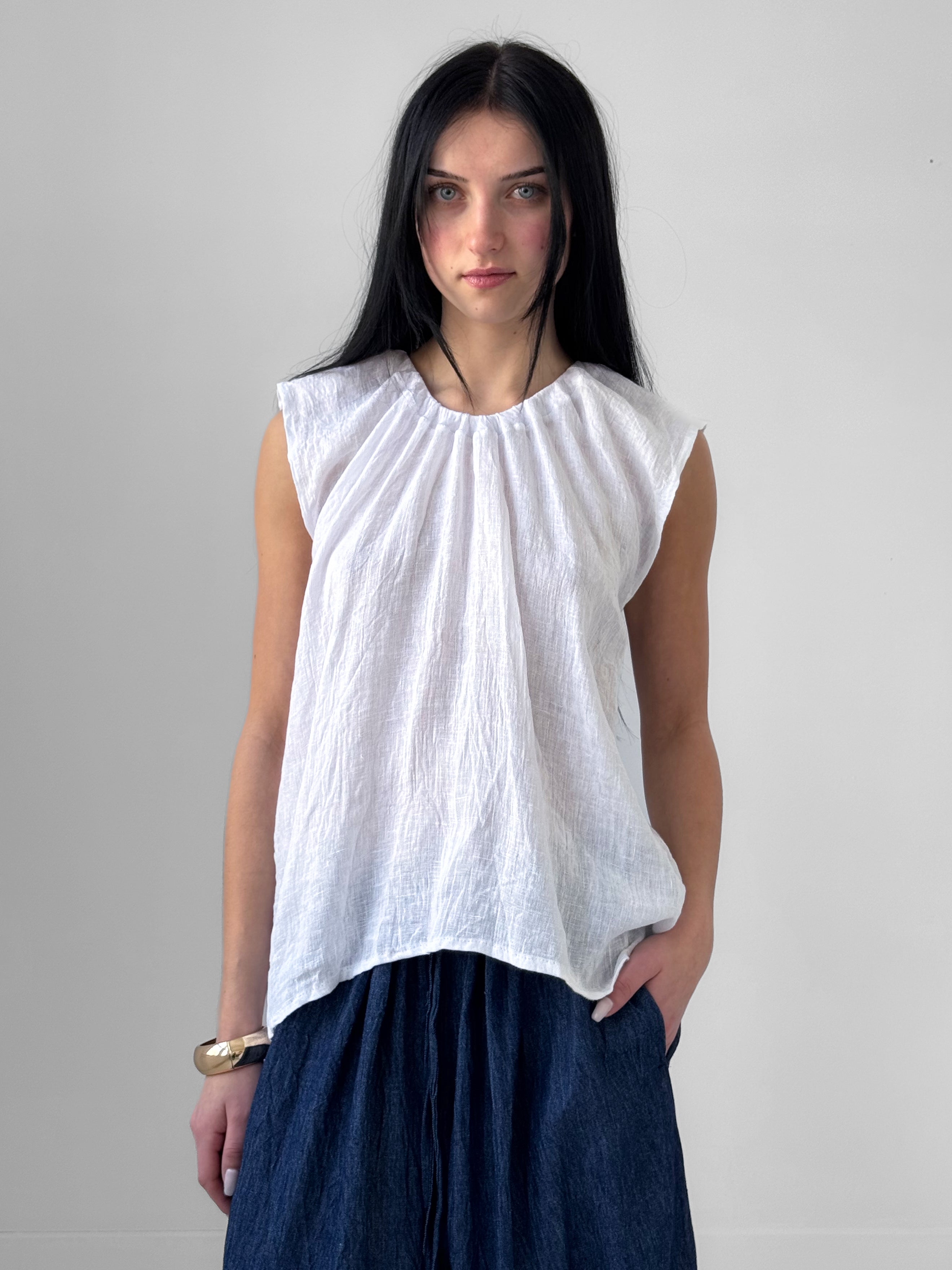 Brume linen gauze top with gathered drawstring neckline and capped sleeves, lightweight slightly sheer minimalist blouse in white, airy summer style