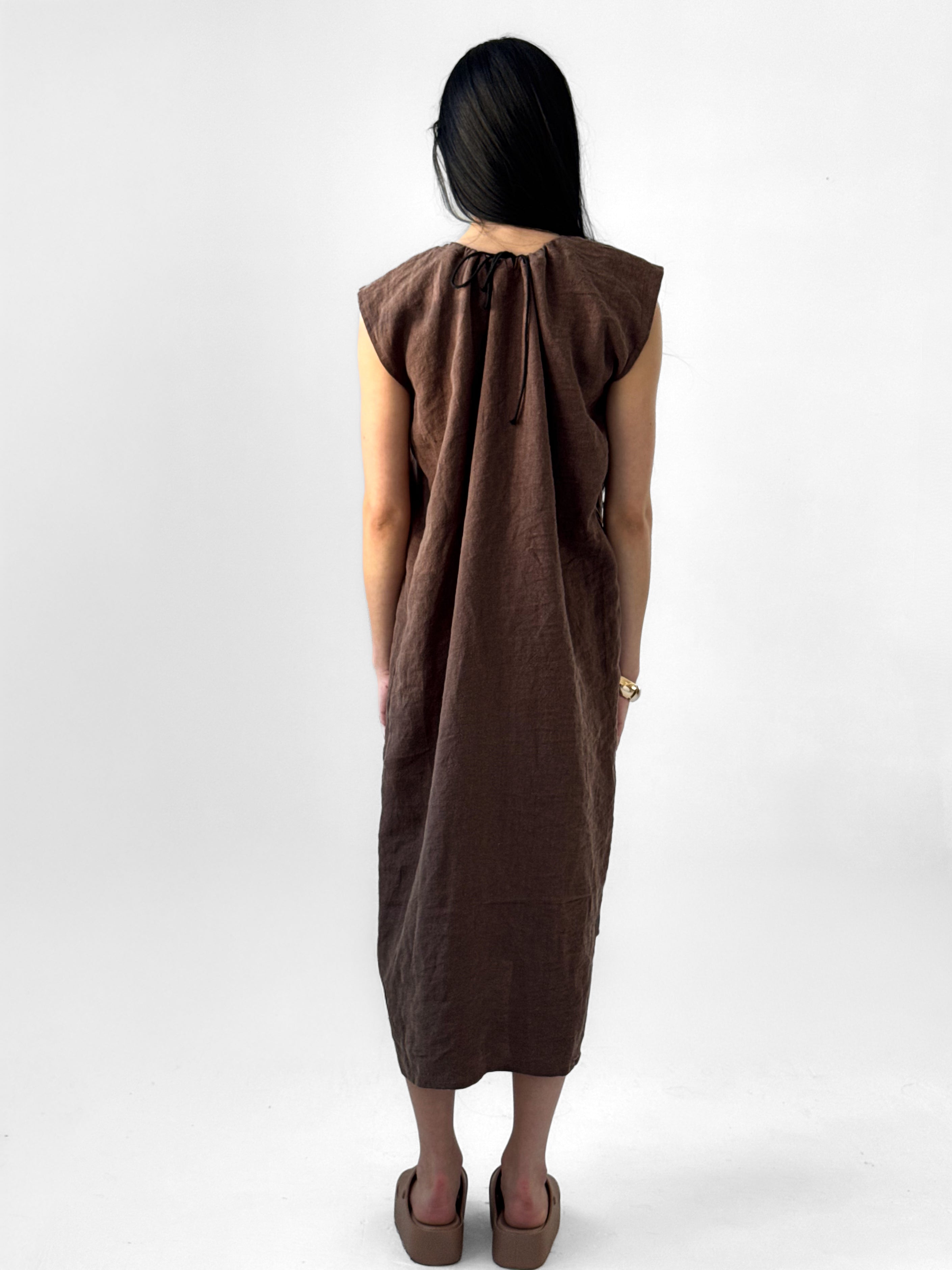 Linden antique wash linen dress with gathered drawstring neckline and relaxed midi silhouette, breathable minimalist dress in warm earth tone