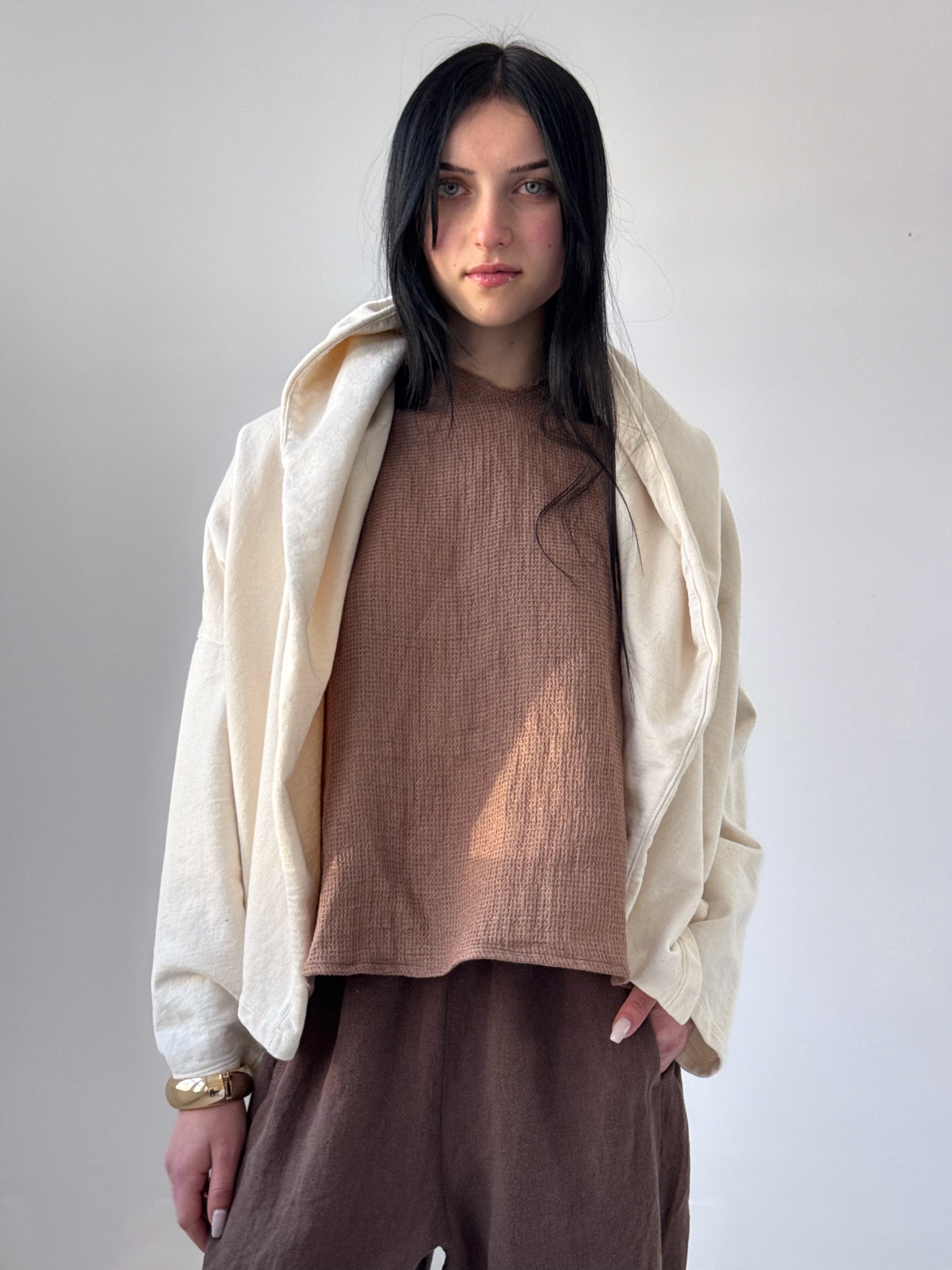 Rihana organic cotton fleece hoodie in bone with oversized hood and relaxed drape