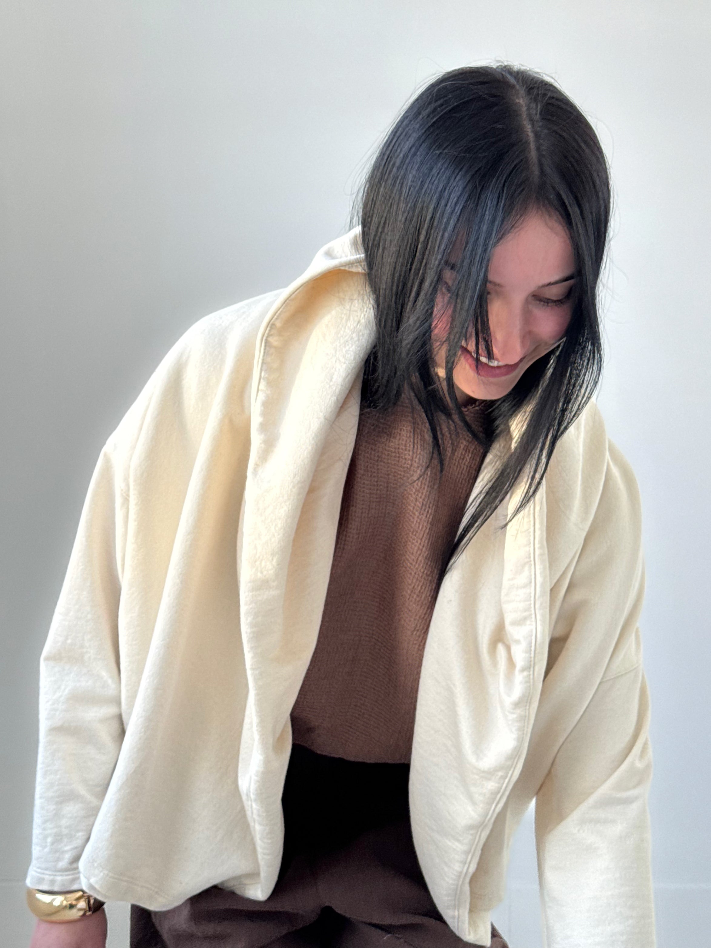 Rihana organic cotton fleece hoodie in bone with oversized hood and relaxed drape