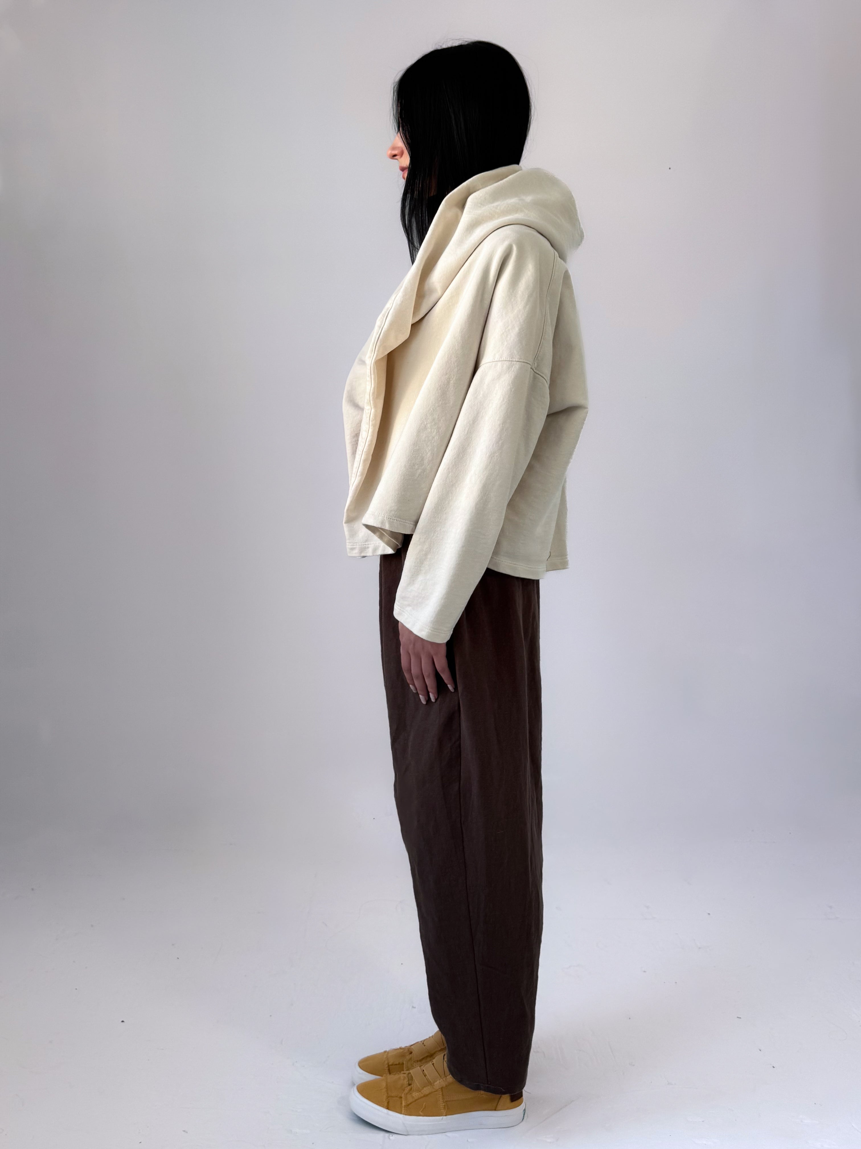 Rihana organic cotton fleece hoodie in bone with oversized hood and relaxed drape