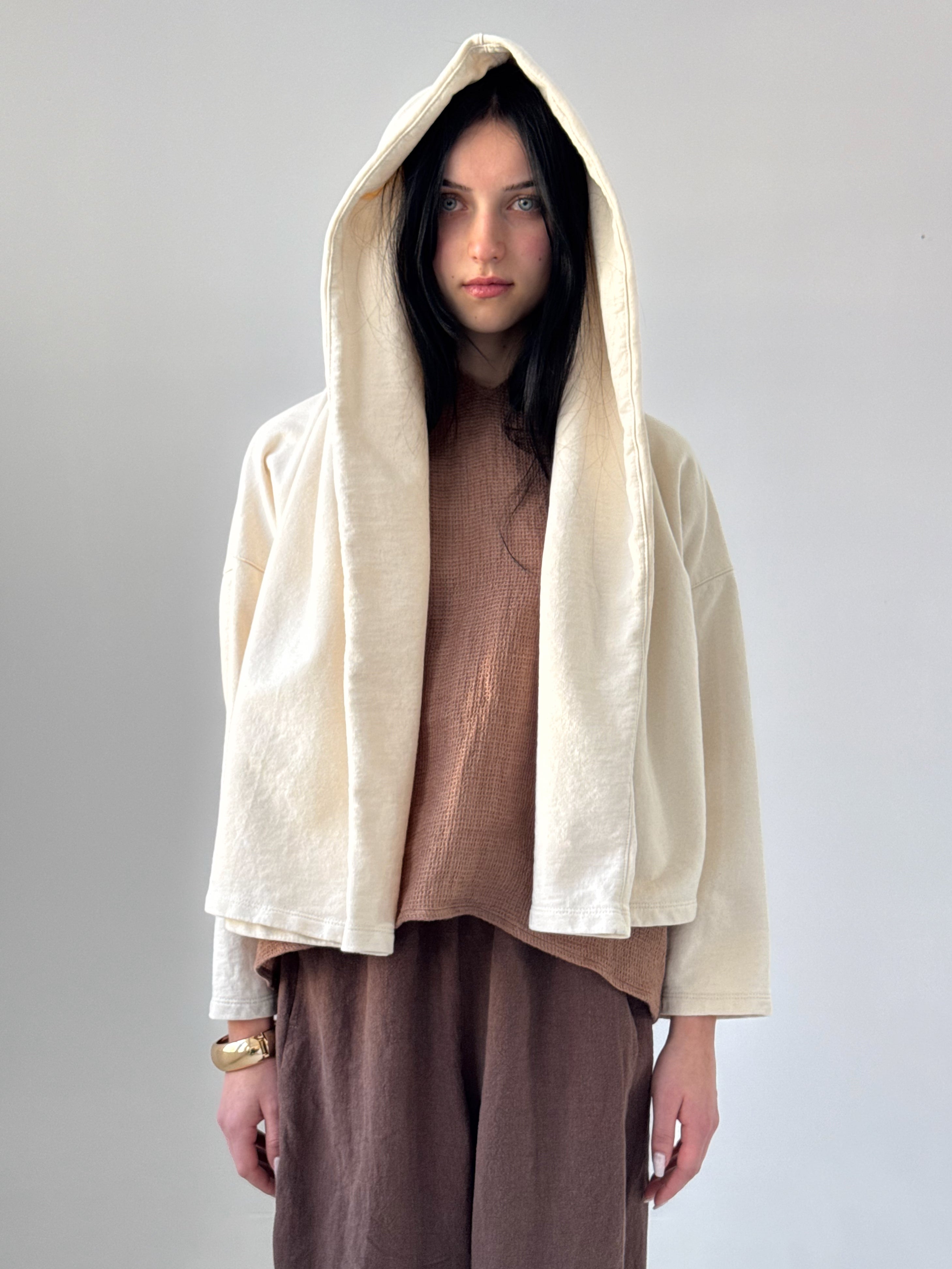 Rihana organic cotton fleece hoodie in bone with oversized hood and relaxed drape