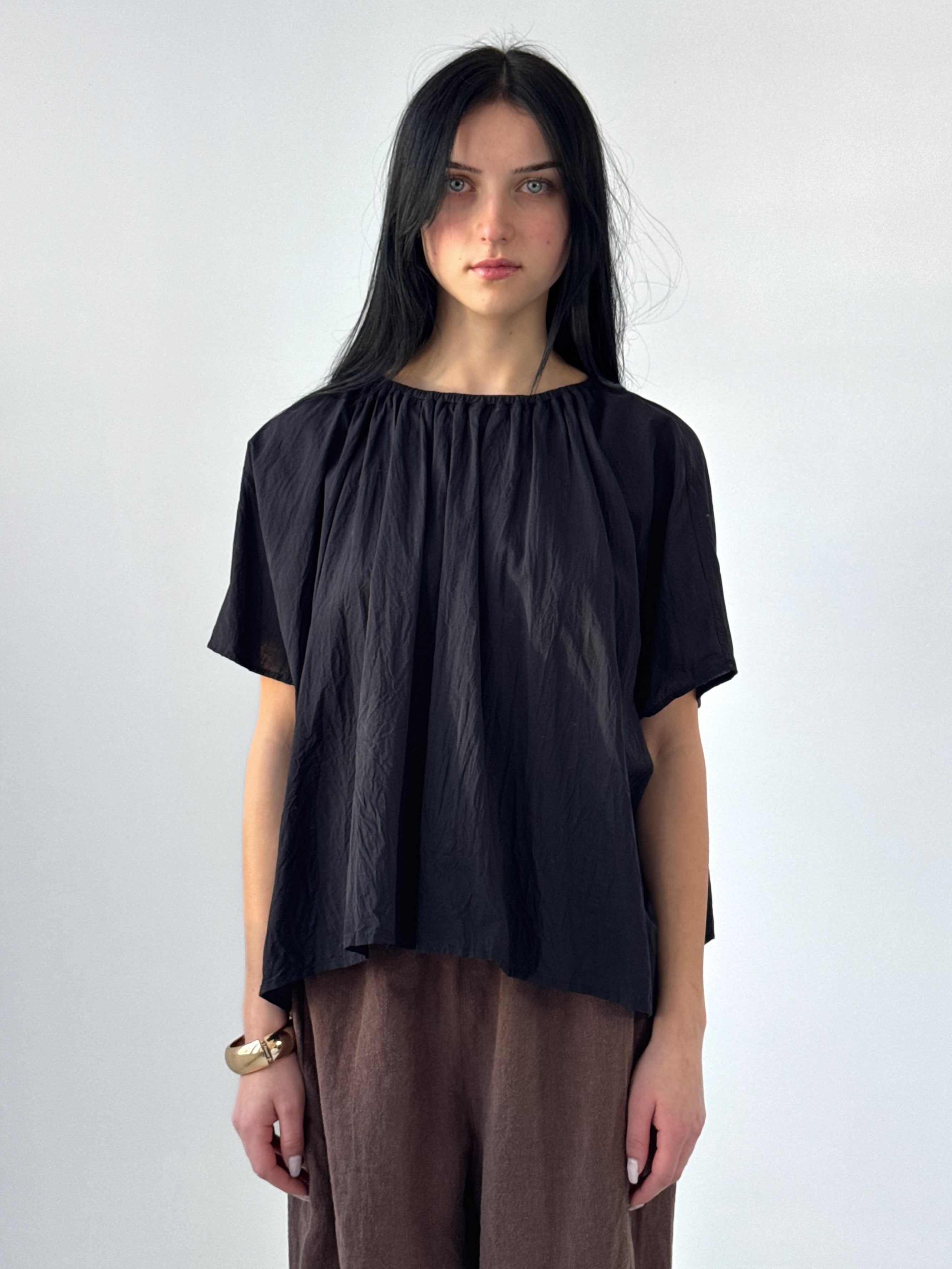 Savanah voluminous black cotton voile top with gathered elastic neckline and airy silhouette