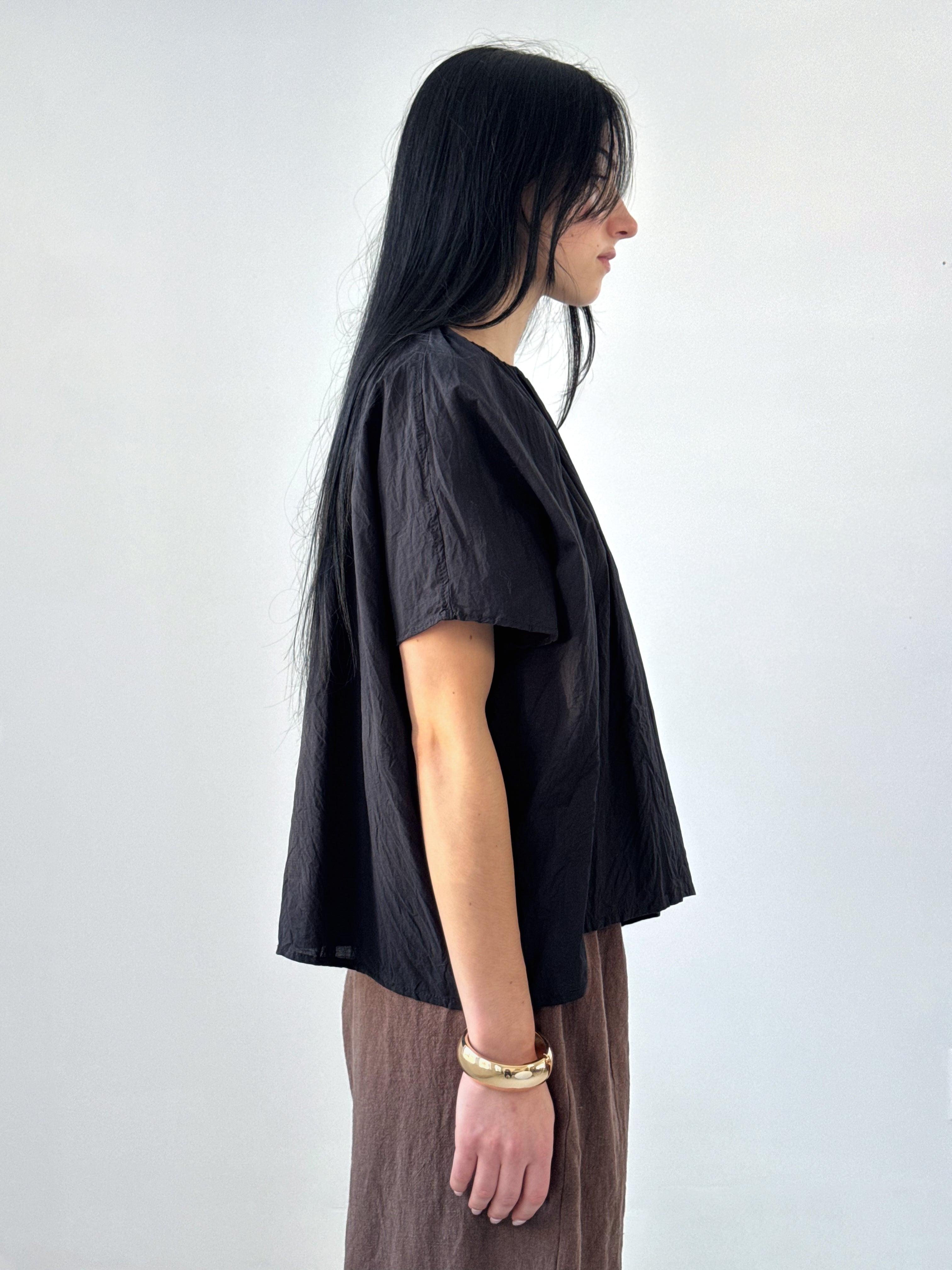 Savanah voluminous black cotton voile top with gathered elastic neckline and airy silhouette