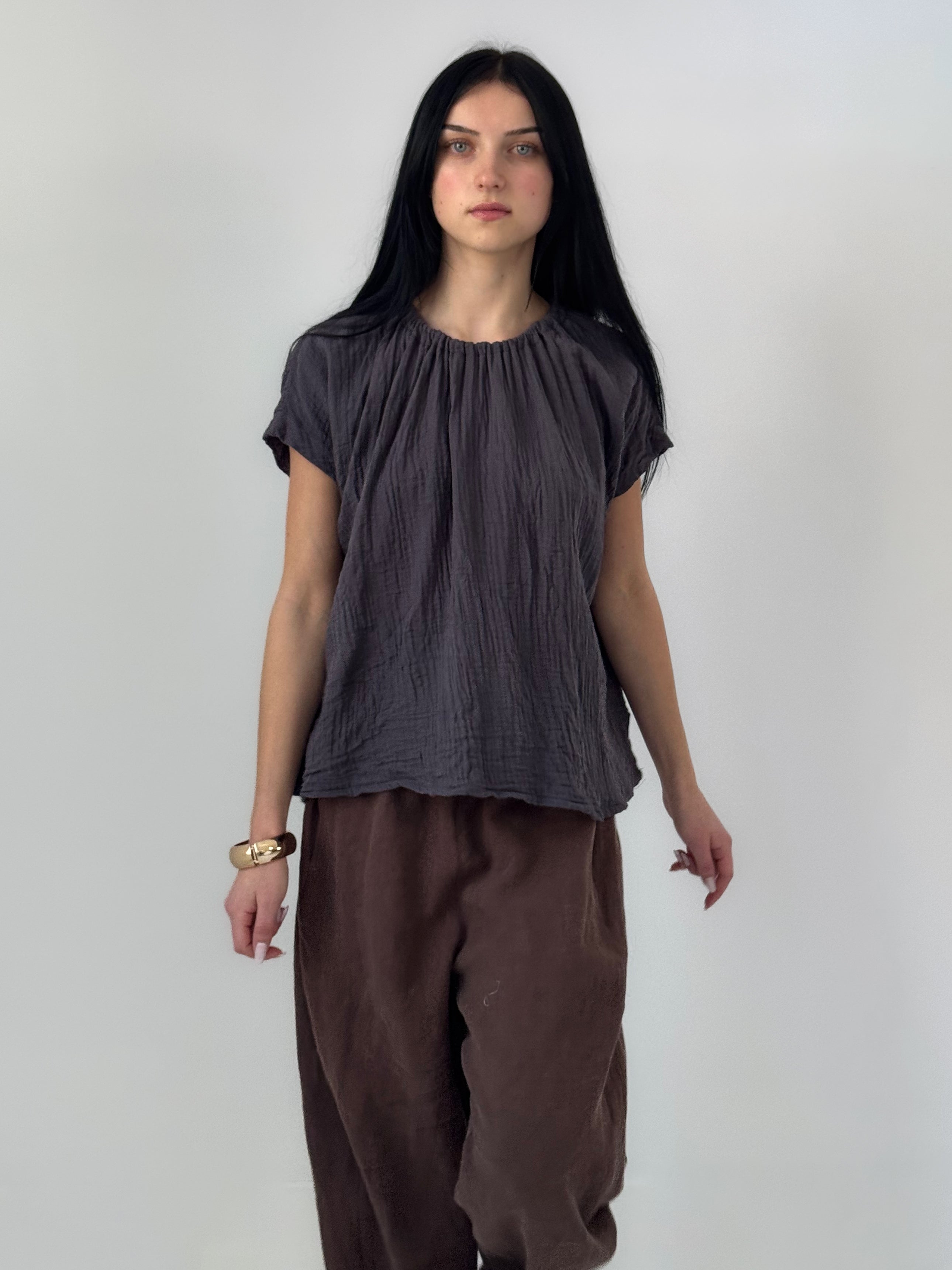 Tulsi organic cotton double gauze top with gathered neckline and relaxed silhouette, airy minimalist blouse in soft charcoal tone