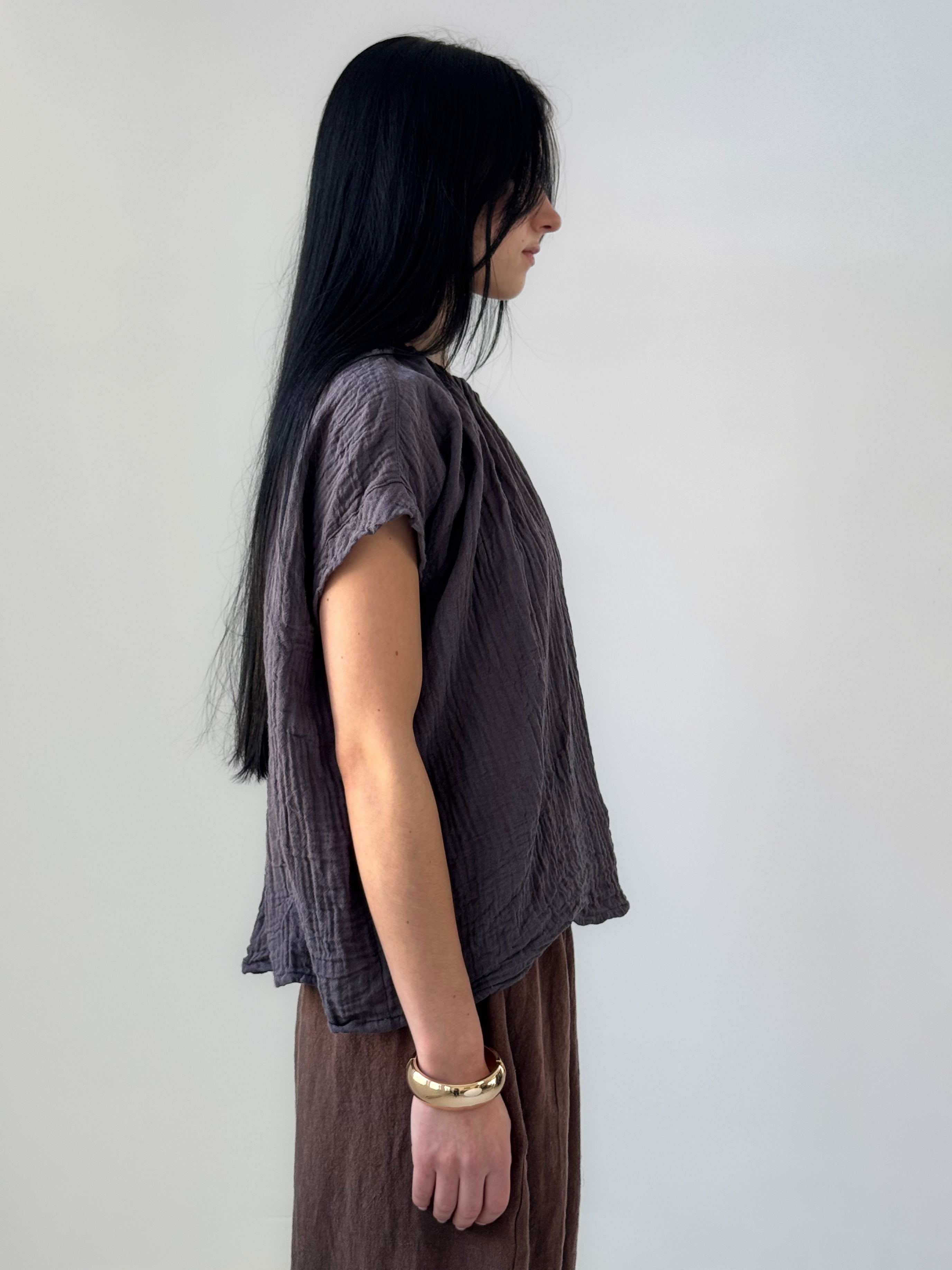 Tulsi organic cotton double gauze top with gathered neckline and relaxed silhouette, airy minimalist blouse in soft charcoal tone