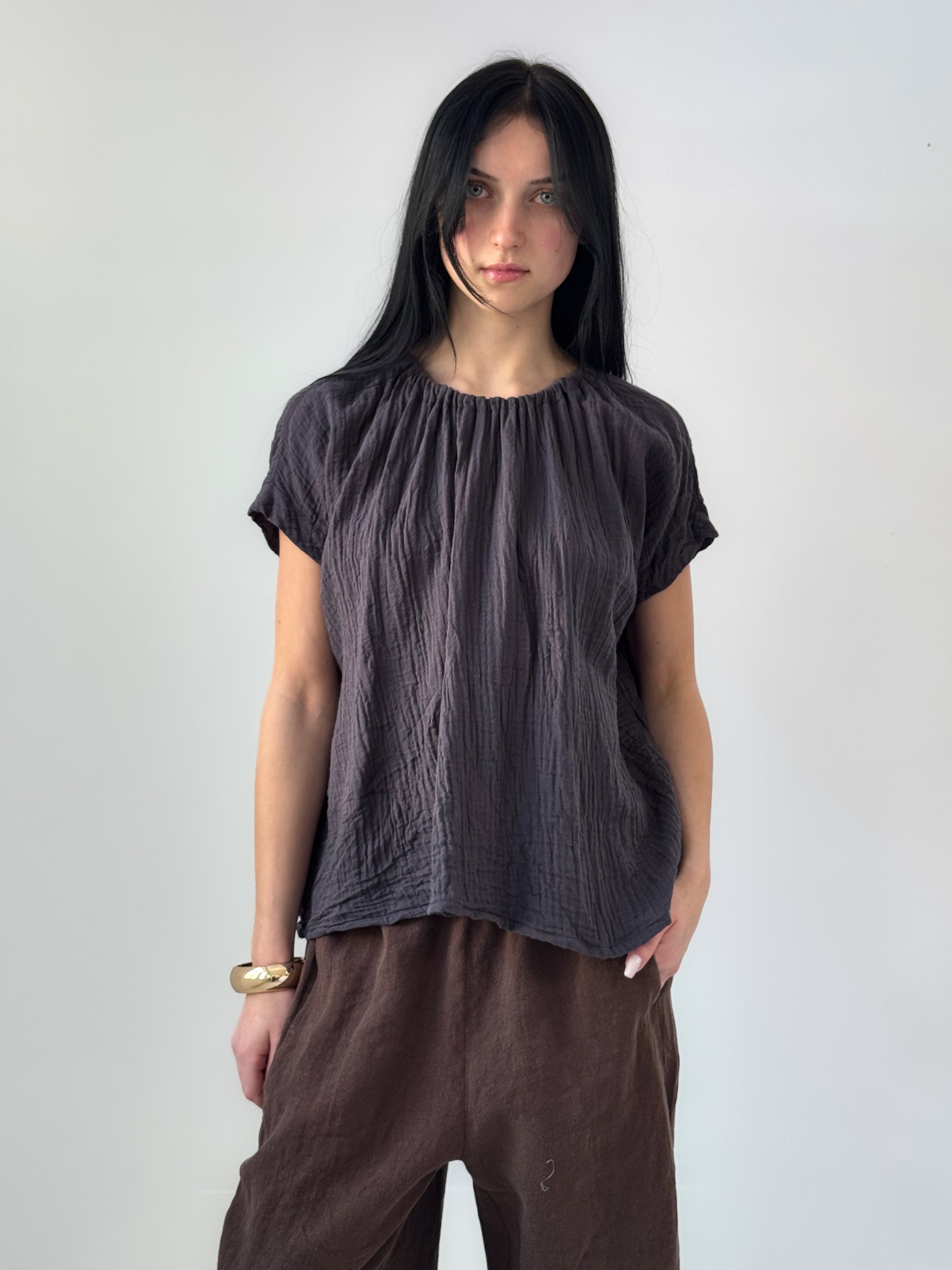 Tulsi organic cotton double gauze top with gathered neckline and relaxed silhouette, airy minimalist blouse in soft charcoal tone